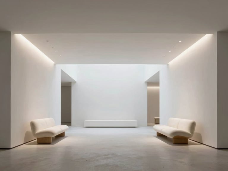 The completed architectural space, featuring pristine white walls, recessed architectural lighting, and bespoke minimalist furniture.