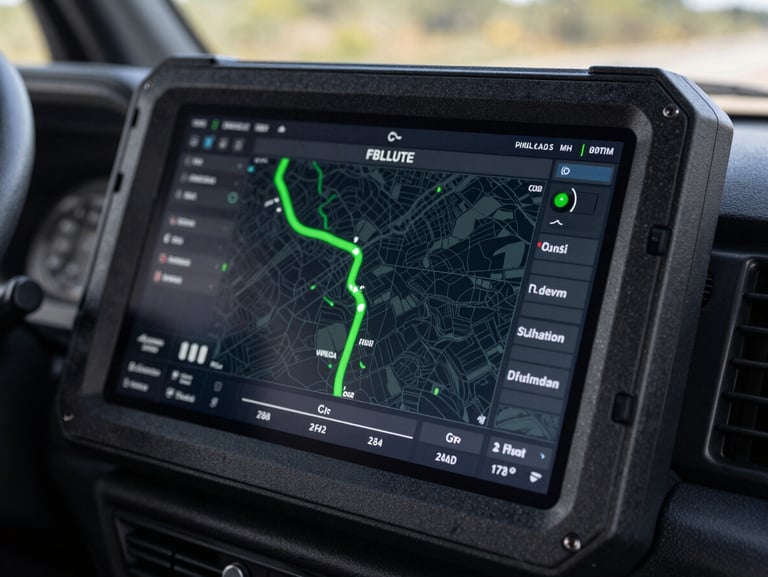 Macro close-up of a rugged digital fleet tracking dashboard on a tablet inside a truck cabin, glowing green route line on a map, high contrast, industrial UI style