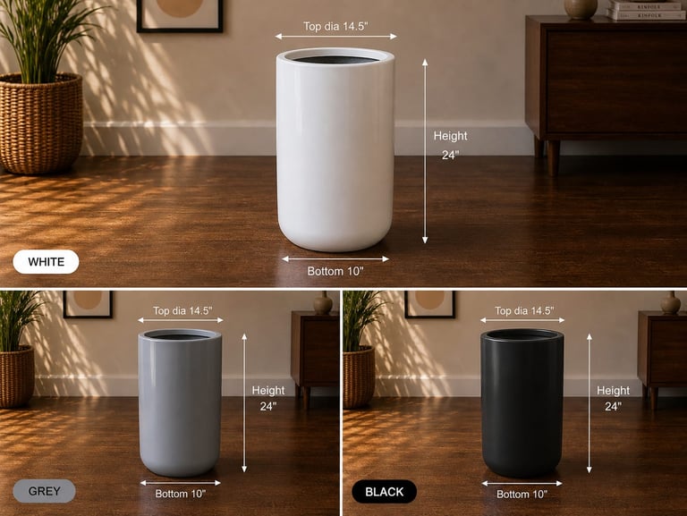 Tall cylindrical indoor frp pots in white, grey, and black with labeled dimensions on wood floors.