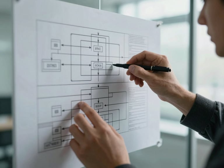 Close-up of professional hands analyzing structured technical flowcharts on a glass wall, natural cold light