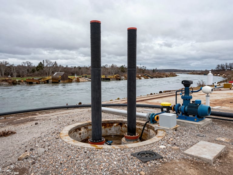 Panoramic view of an open-loop geothermal installation on a riverbank site, two borehole casings emerging from compacted gravel, water pump equipment and piping visible, overcast daylight, technical site context