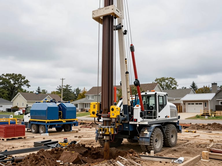 Ground-level wide shot of vertical borehole drilling rig on a suburban construction site, drill string descending into ground, grout mixing equipment in background, overcast daylight, technical site environment