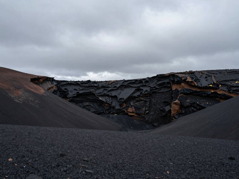 Vast, quiet, low-contrast landscape of dark volcanic basalt cliffs under a heavy overcast sky, minimalist and solemn.
