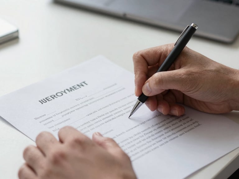 A close-up of hands signing an official employment agreement paper, clean natural lighting, corporate professional tone.