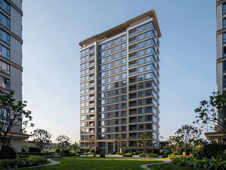 Sleek modern exterior of The Belaire residential towers, framed by manicured sky gardens and clear blue horizon.
