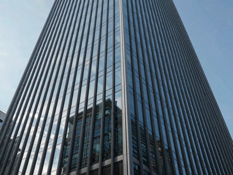 Low angle shot of a modern glass skyscraper reflecting a clear sky, sharp linear shadows, architectural geometry.