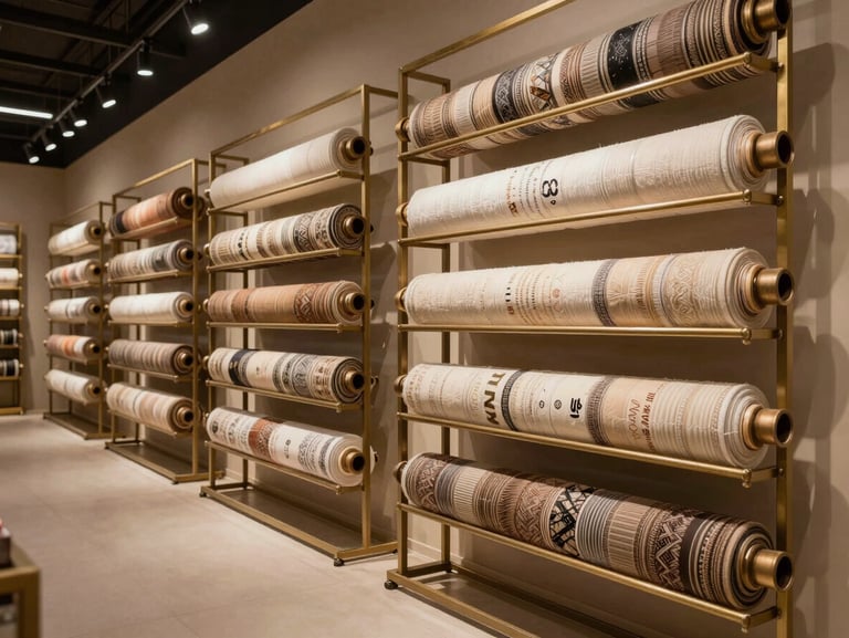 Wide-angle view of the Al-Beat Al-Kabeer showroom in Karbala, organized textile rolls hanging on minimalist bronze racks, warm architectural lighting