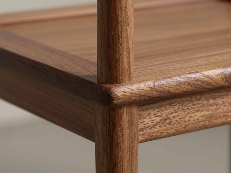 Close-up of a solid walnut chair joint, showing precise architectural craftsmanship and clean structural lines