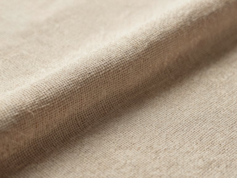 Macro texture shot of heavy-wear woven linen fabric, warm side-lighting highlighting the intricate thick yarn structure