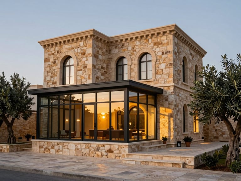 Traditional Lebanese stone villa, restored with modern glass pavilion, arched windows, olive trees, dusk lighting, 35mm