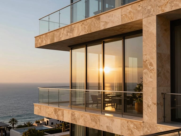 Sleek modern Beirut penthouse, floor-to-ceiling glass walls overlooking the Mediterranean at sunset, warm golden-hour light, 35mm