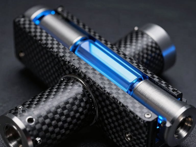 Extreme close-up of machined carbon fiber and aerospace-grade steel components, cold blue rim lighting, dark atmospheric background.
