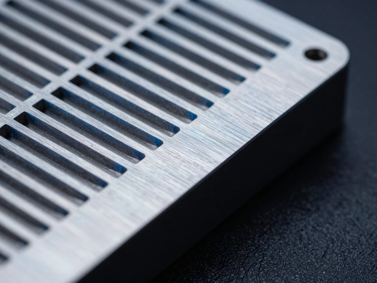Macro shot of high-grade machined titanium grid fins, cold blue rim lighting, dark background, sharp technical details