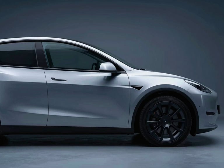 Sleek aerodynamic profile of a Tesla vehicle in ultra-low-key studio lighting, sharp silver rim highlights, cold blue atmospheric background.