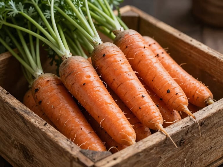Close-up of unwashed heirloom carrots on a rustic wooden crate, soft morning light, earth and soil textures visible