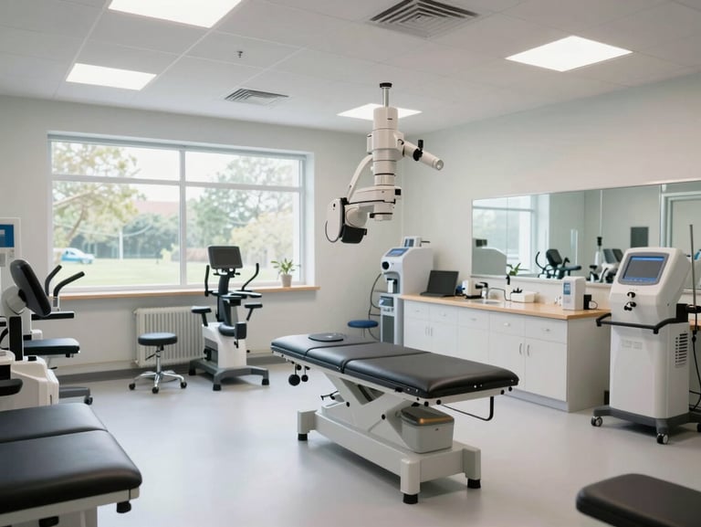 A wide environmental shot of a state-of-the-art sports rehabilitation lab with clean modern equipment, bright natural light, professional clinical layout.