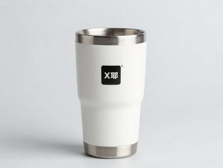 Bright high-key product photography of premium double-wall thermal cups with custom printed brand names, crisp studio lighting