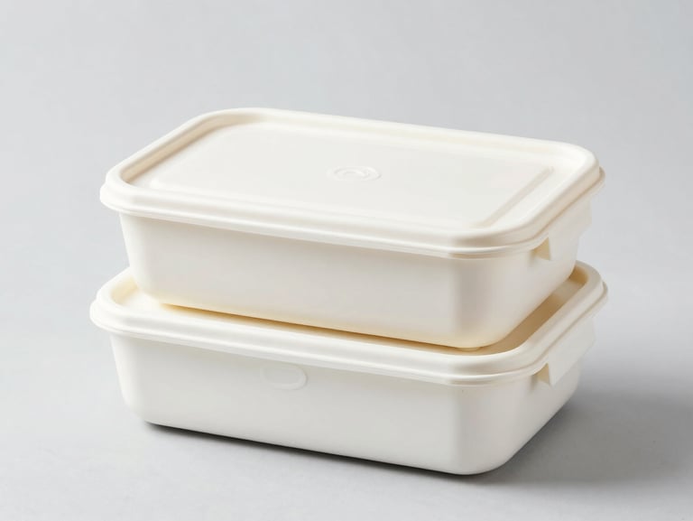 Bright high-key product photography of custom food containers and eco-friendly lunch boxes showing clean brand prints, sharp focus