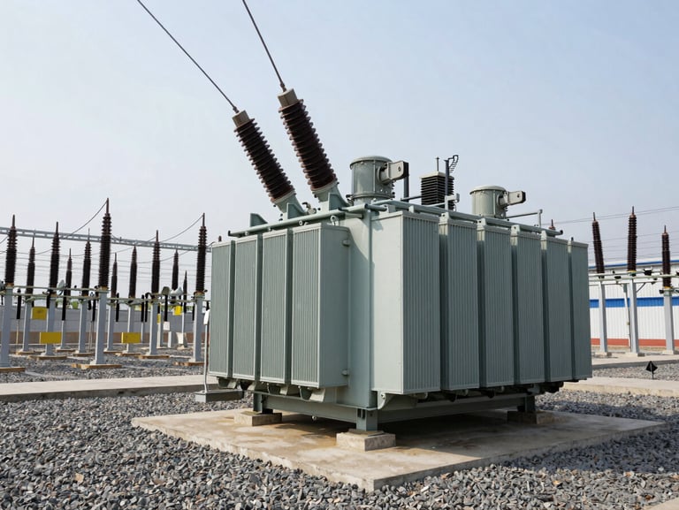Wide shot of a newly commissioned electrical substation with massive transformers and neat gravel ground