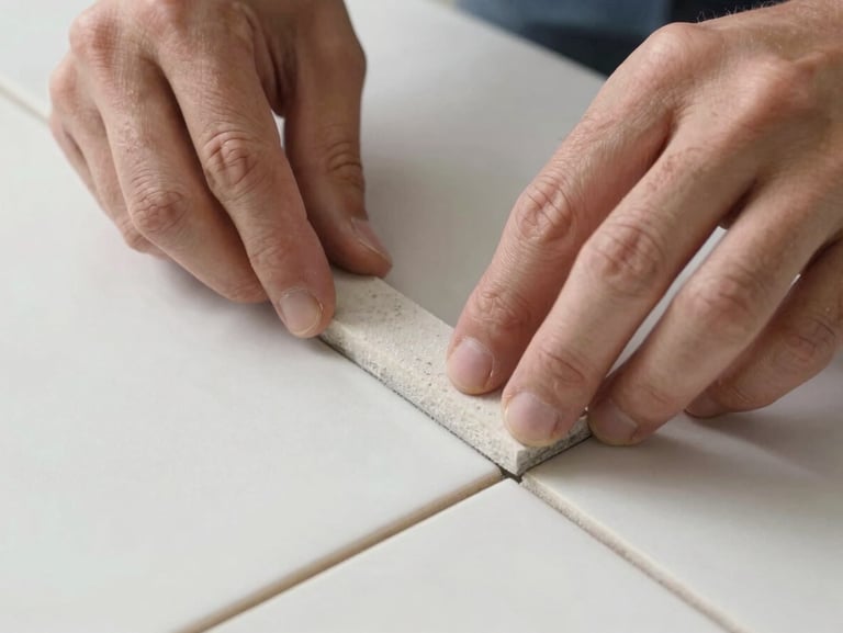 Macro close-up of a tiler placing a spacer between two large porcelain tiles, showing perfect alignment and clean hands, bright natural daylight.