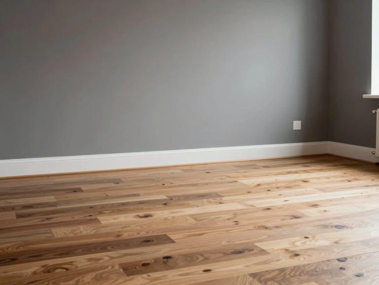 Intérieur moderne épuré après travaux, parquet en chêne clair impeccable, murs peints en gris perle mat, lumière du jour inondant la pièce