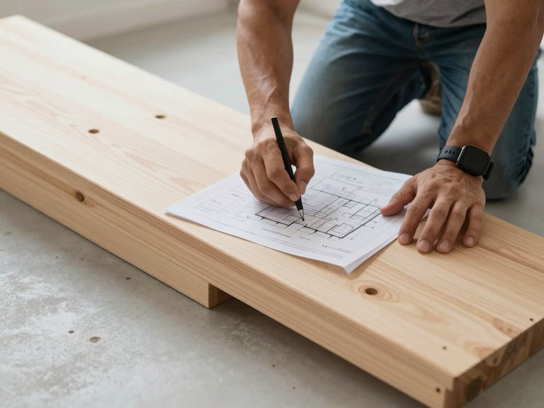 Close-up of an occupational therapist and a home builder reviewing architectural drawings next to a newly installed low-threshold timber ramp, soft natural light, focus on hands and plans.