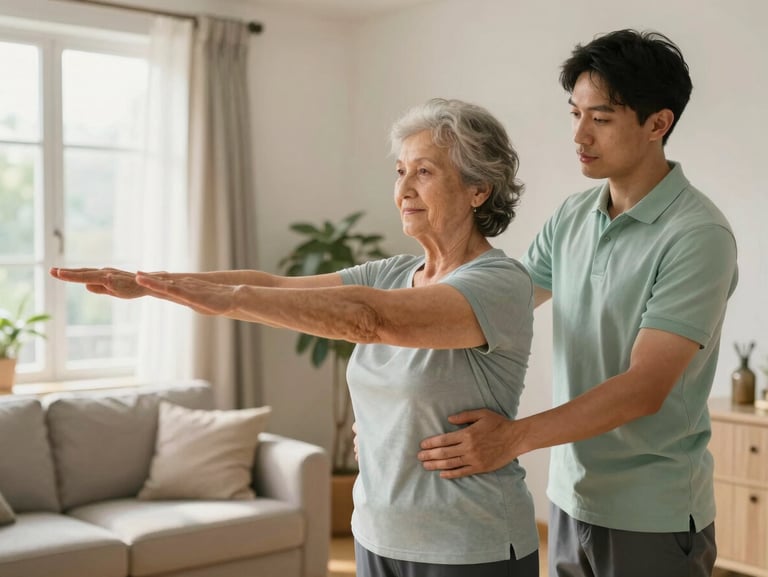 Medium shot of a physiotherapist in a soft green polo supporting an elderly woman as she practices balance exercises in a sunlit living room, soft natural daylight, warm atmosphere.