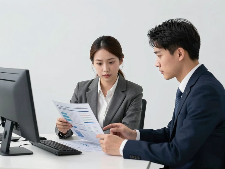 Bright high-key commercial photo of professional trading coordinators analyzing logistics charts in a clean, modern Hong Kong office, neutral background, sharp focus.