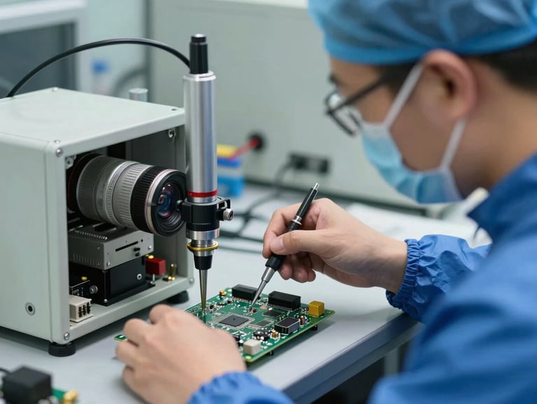 Close-up of a technician in blue ESD gear using precision testing equipment on a baseband circuit board inside a dust-free Hong Kong facility.