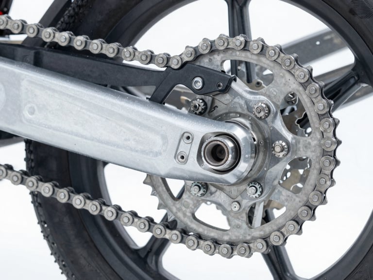 Close-up of a high-quality motorcycle drive chain and sprocket, clean metallic details, bright industrial lighting