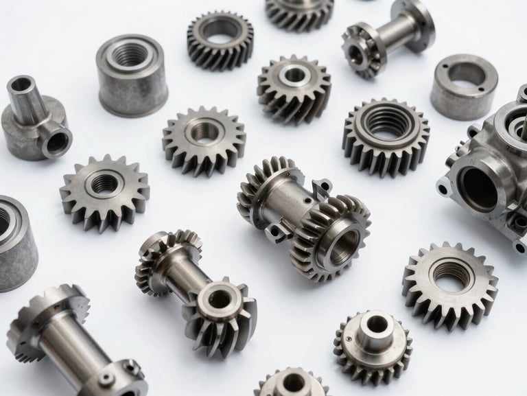Pristine metallic engine gears and transmission components on a clean surface, bright daylight, commercial product photography