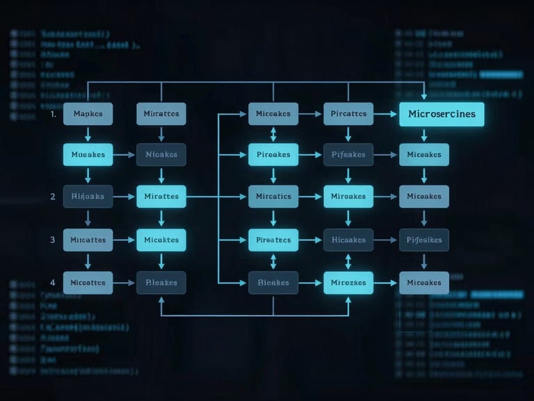 A highly detailed technical architecture diagram of a microservices pipeline, sharp vector lines on a dark terminal background, electric cyan highlights, clean nodes, flow arrows.