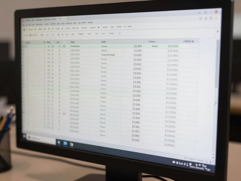 Close-up of a desktop monitor displaying a transaction ledger spreadsheet with line items, amounts and timestamps visible, neutral office light, no people