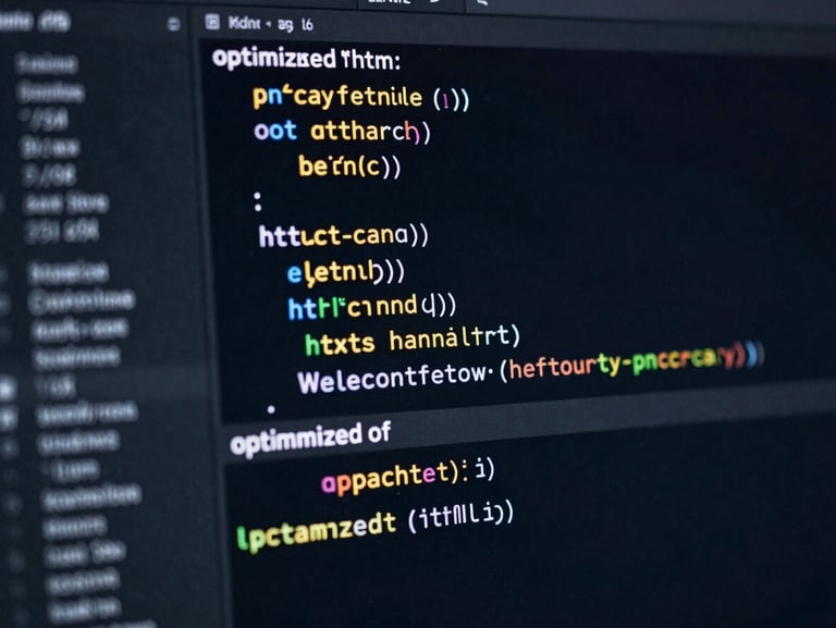 Macro shot of a clean code editor displaying optimized HTML markup, cool-toned screen glow, dark background, sharp syntax highlighting.