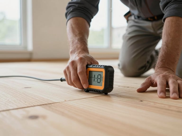 Low-angle shot of an installer using a professional moisture meter on a clean plywood subfloor, focused hands, bright window light