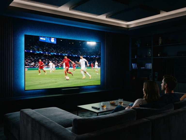 Sleek modern home theater at night, a massive smart TV glowing with a live-action soccer match, electric blue ambient backlighting, cinematic low-key lighting, 35mm photography