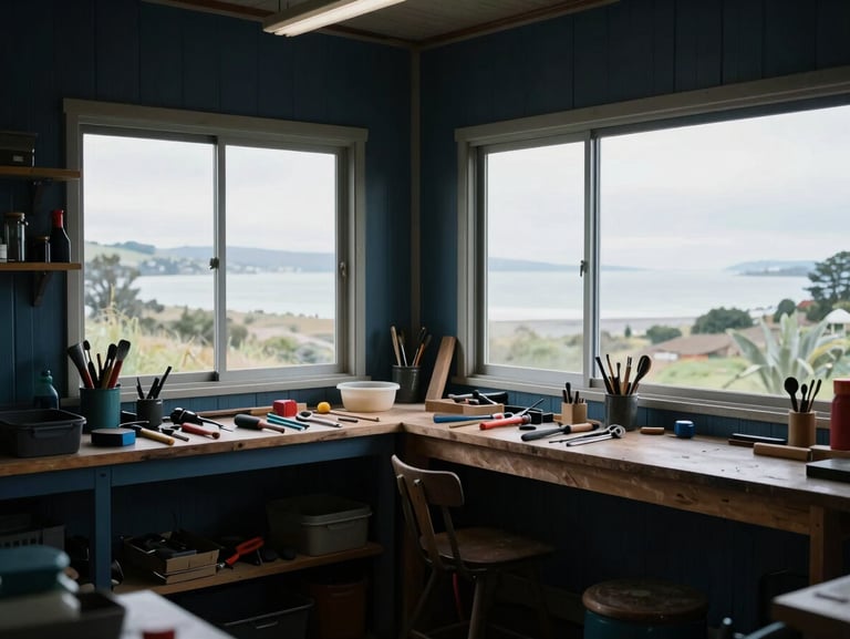 A quiet workshop in regional New Zealand, soft natural light streaming through windows, tools neatly arranged, reflecting decades of honest craft.