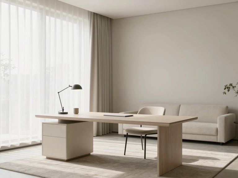 Elegant minimalist living room with a clean workspace, soft natural daylight, high-end furniture, 35mm lens
