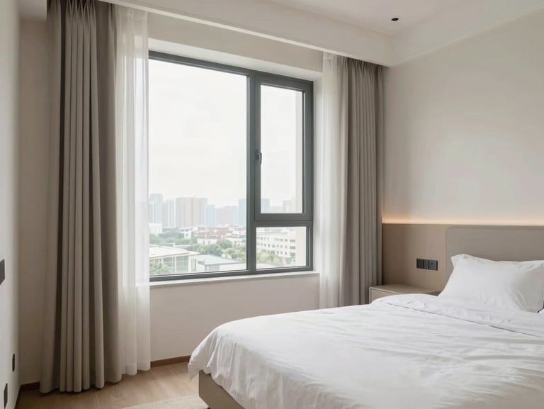 Detail of a pristine, beautifully organized bedroom in a luxury apartment, neutral tones, bright window light, 35mm lens