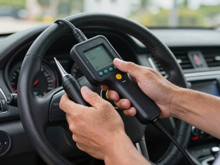 Close-up of a mechanic's hands using a professional diagnostic scanner inside a car cabin, bright natural Florida daylight