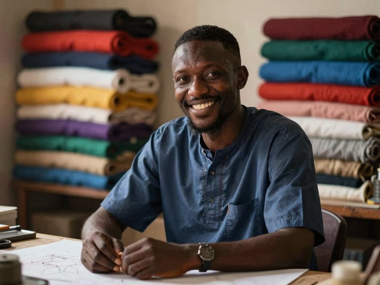 Portrait serré en lumière naturelle d'un artisan tailleur sénégalais souriant dans son atelier de la Médina, rouleaux de tissus colorés en arrière-plan flou.