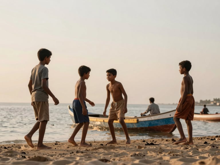 Environmental shot of children playing near the Corniche Ouest at golden hour, traditional pirogues in the soft background, warm natural light.