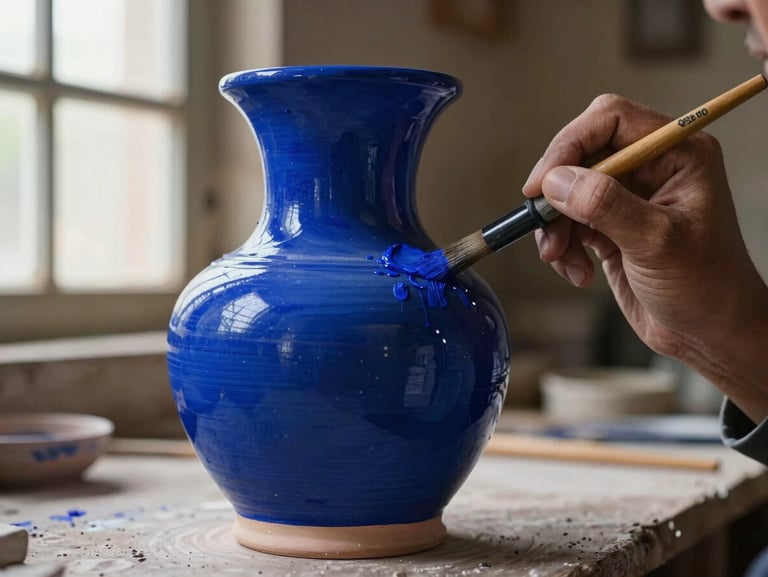 Close-up of blue pottery being hand-painted with cobalt oxides in Kot Jewar, natural workshop window light, sharp focus on brush strokes.