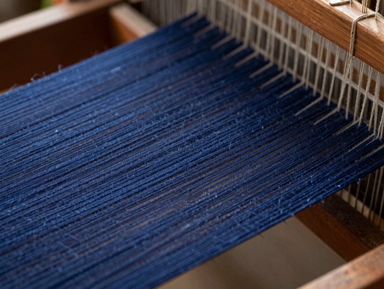 Extreme close-up of indigo-dyed hand-loomed threads on a wooden loom, natural side-lighting, macro texture, editorial photography.