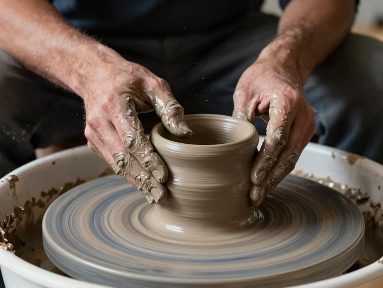 Close-up of a master artisan's hands shaping a raw clay pot on a manual wheel, soft dust particles catching high-contrast side light
