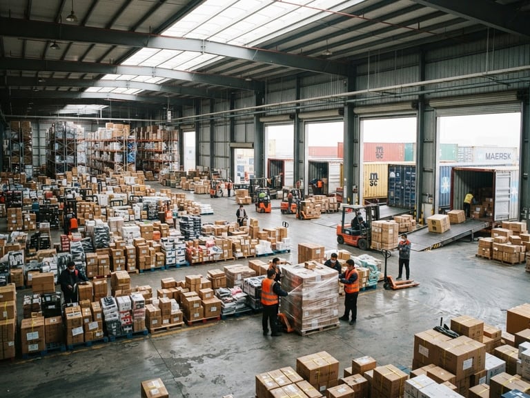 Wide environmental shot of a modern Yiwu warehouse consolidation zone, bright natural daylight, shipping containers loading in the background, 35mm lens