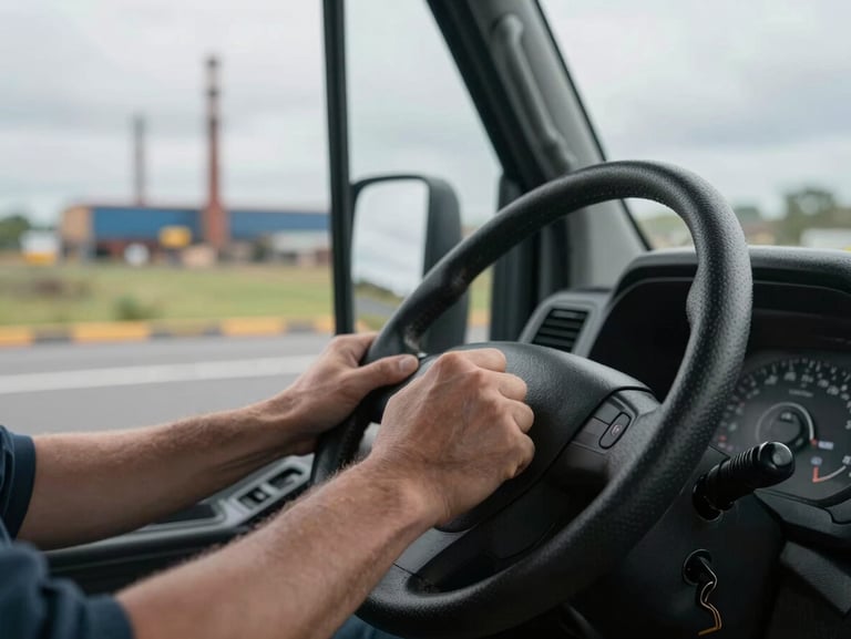 Close-up of a transport driver's hands on a steering wheel inside a cab, York industrial area visible through windshield, natural overcast daylight, no staging