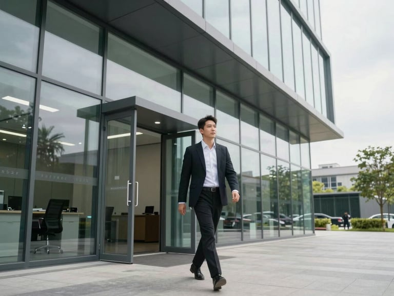 A professional walking into a modern office building under bright overcast daylight, environmental wide shot