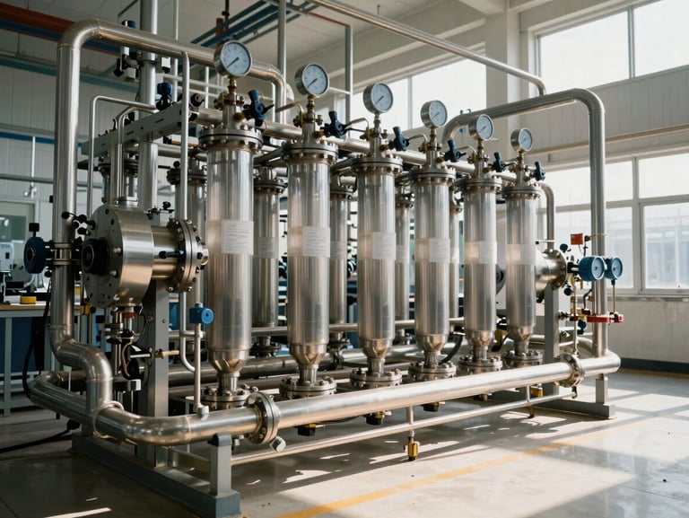 A high-precision reverse osmosis membrane system in a sterile industrial facility, stainless steel pipes, pressure gauges, natural daylight, wide angle shot.