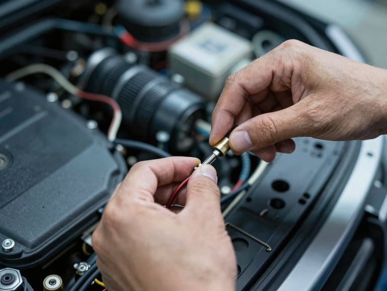 Close-up of precise hand-work on car electrical wiring loom, technical workshop lighting, sharp focus, 35mm lens